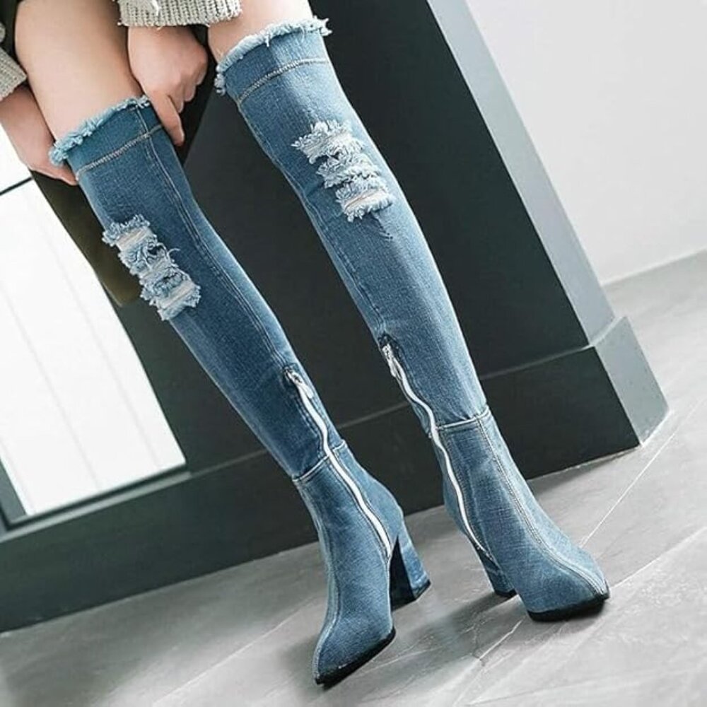 NEW! Denim Ankle Boots for Women Pointed Toe Chunky High Heel  with Side Zipper